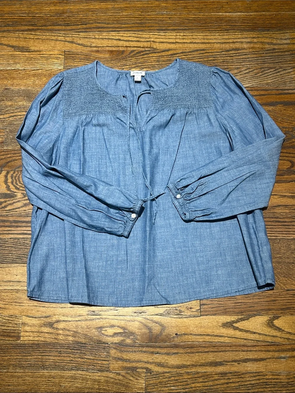 J. Crew Chambray Blue Smocked Yoke Long-Sleeve Top
